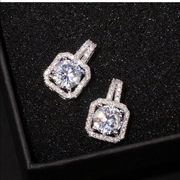 Sterling Silver Square Diamond Studs Earrings - Picture 4 of 6
